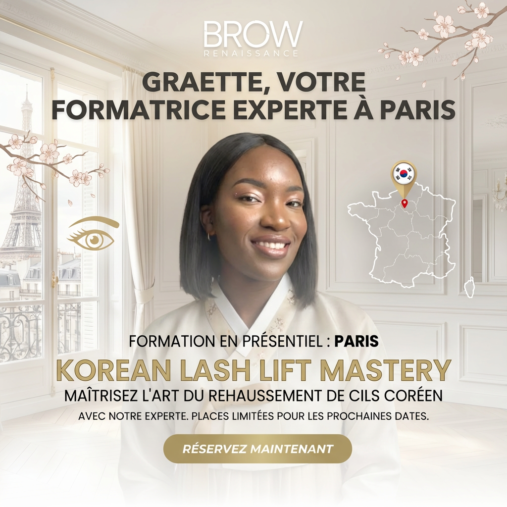 Formation Lash Lift Coréen en présentiel : rehaussement de cils sans colle, technique coréenne professionnelle, résultats naturels et durables. Places limitées.